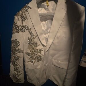 Elegant White Blazer with Silver Embellishments